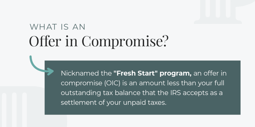 what is an offer in compromise, also known as fresh start program infographic.