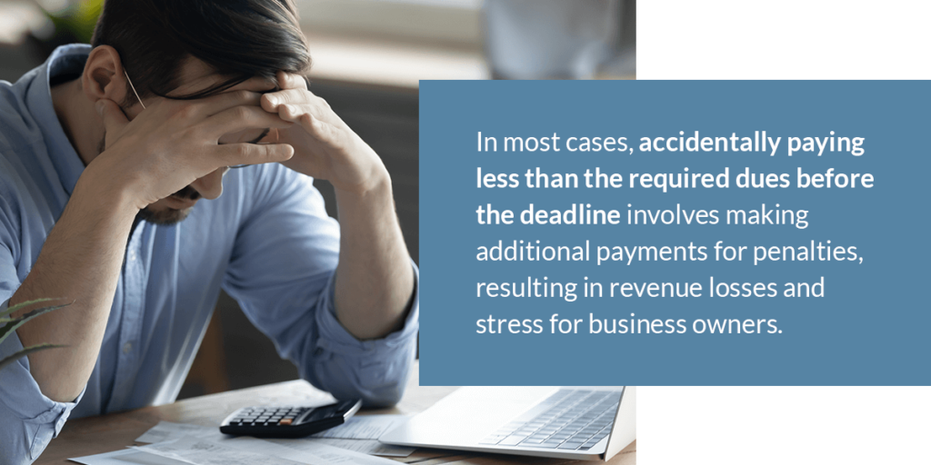 In most cases, accidentally paying less than the required dues before the deadline involves making additional payments for penalties, resulting in revenue losses and stress for business owners