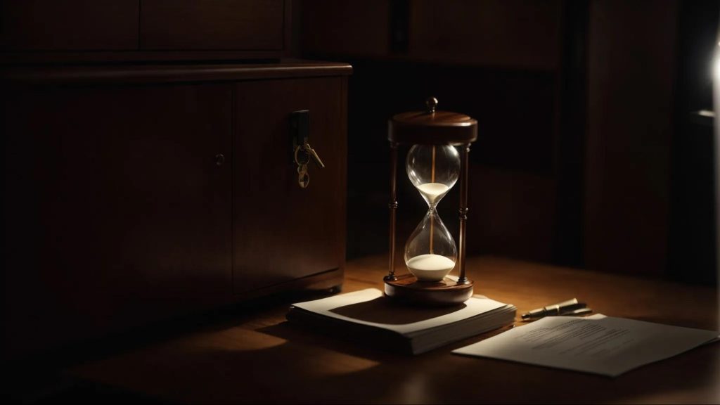 An hourglass with a chest, a book, and papers.