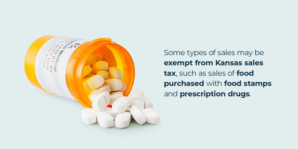Some types of sales may be exempt from Kansas sales tax, such as sales of food purchased with food stamps and prescription drugs.