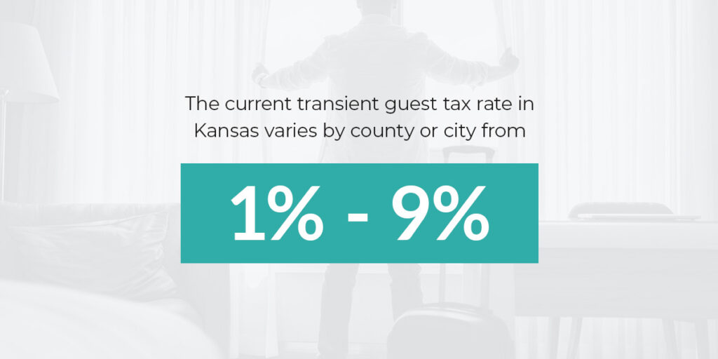 The current transient guest tax rate in Kansas varies by county or city from 1% to 9%.