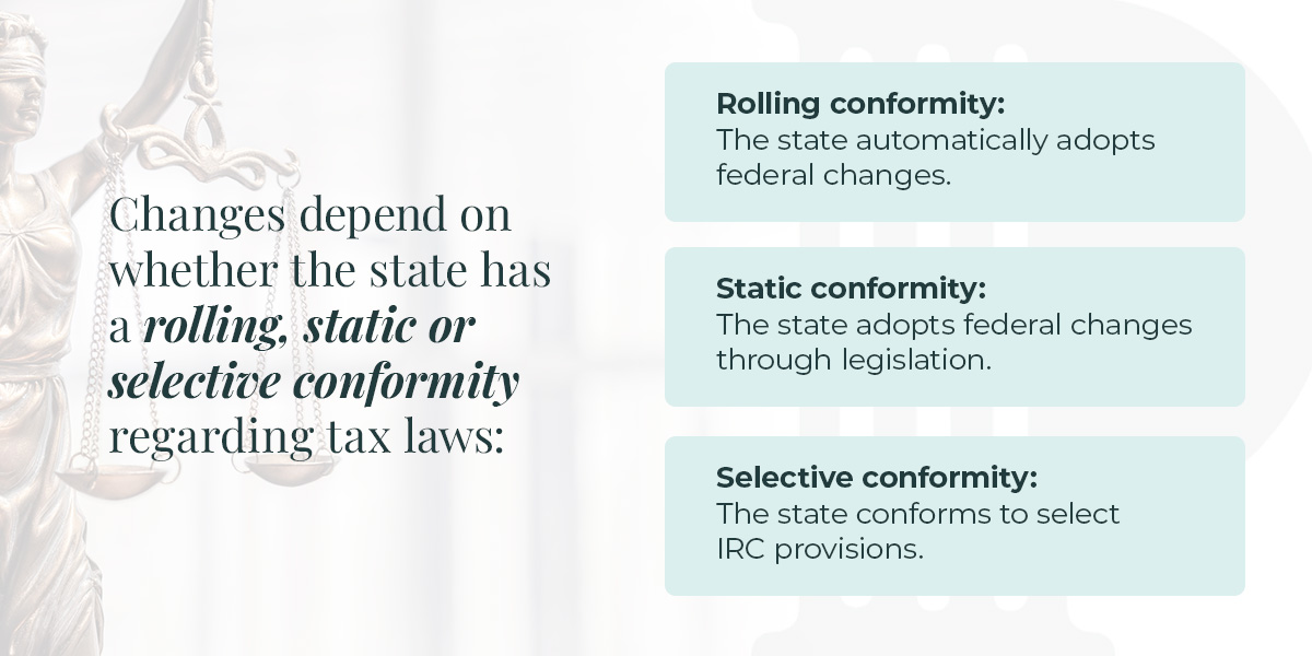 Changes depend on whether the state has a rolling, static or selective conformity regarding tax laws